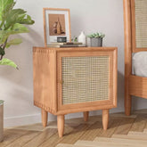 Weaved Rattan & Solid Wood Bedside Table | Boho Bedroom Nightstand – Oakvello
