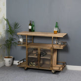 Jodhpuri Natural Wood Wine Trolley with Double Door Storage | Home Bar – Oakvello