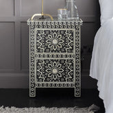 Ajmeri Black Bone Inlay Bedside Table | Handcrafted Nightstand – Oakvello