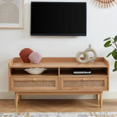 Solid Wood & Cane 2-Drawer TV Cabinet | Boho Media Console – Oakvello