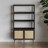 Ajmeri Black Rattan Solid Wood Bookshelf | Boho Living Room Storage – Oakvello