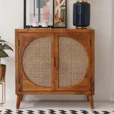 2-Door Mango Wood & Cane Cabinet | Boho Storage Sideboard – Oakvello