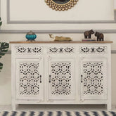 3-Door White Finish Solid Mango Wood Cabinet | Living Room Storage – Oakvello