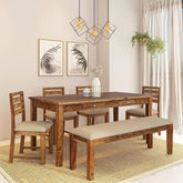 6-Seater Solid Sheesham Wood Dining Set with Bench | Rustic Teak Finish – Oakvello
