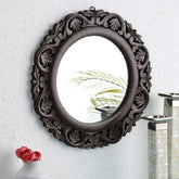Brown Handcrafted Round Vanity Wall Mirror | 16x16 Inch Framed Wood – Oakvello