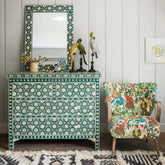 Jodhpuri Green Bone Inlay Chest of Drawers | Artisan Bedroom Dresser – Oakvello