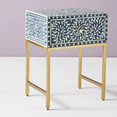 Jaipuri Dark Blue Bone Inlay Bedside Table | Handcrafted Nightstand – Oakvello