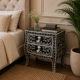 Black Floral Scroll Bone Inlay Bedside Table