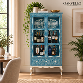 Teal Bone Inlay Glass-Door Bar Cabinet with Cabriole Legs
