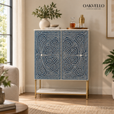Blue & White Bone Inlay Bar Cabinet with Marble-Effect Top