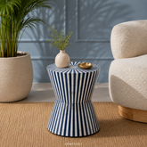 Navy Blue & White Striped Bone Inlay Side Table | Handcrafted Sunburst Pattern Accent Table |
