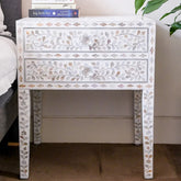 Floral Mother of Pearl 2-Drawer Bedside Table | Handcrafted Artisan Nightstand – Oakvello