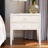 Jaipuri White Floral Bone Inlay 2-Drawer Bedside Table | Handcrafted Nightstand – Oakvello
