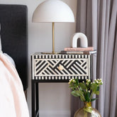 Jaipuri Bone Inlay Bedside Table with Steel Legs | Handcrafted Nightstand – Oakvello