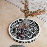 Ajmeri Black Heart Bone Inlay Round Tray | Handcrafted Decor – Oakvello