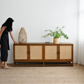 4-Door Natural Wood Sideboard | Solid Wood Living Room Storage – Oakvello