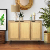 Solid Wood Storage Cabinet with 3 Rattan Doors | Boho Living Room Furniture – Oakvello