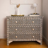 Jaipuri Black Geometric Bone Inlay 4-Drawer Chest | Artisan Dresser – Oakvello