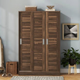 Walnut Solid Wood 3-Door Shutter Wardrobe with Shelves | Bedroom Storage – Oakvello