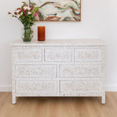 Jaipuri Floral Mother of Pearl 7-Drawer Chest | Artisan Bedroom Dresser – Oakvello
