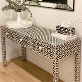 Black Geometric Bone Inlay Console Table | Handcrafted Artisan Entryway Furniture – Oakvello