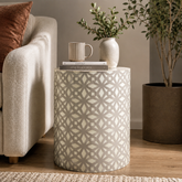 Diamond Design Bone Inlay Round End Table | Handcrafted Artisan Accent Furniture – Oakvello