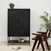Jodhpuri Black Carved Solid Wood Cabinet | Handcrafted Storage Furniture – Oakvello