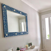 Blue Floral Bone Inlay Rectangle Mirror | Handcrafted Artisan Wall Decor – Oakvello