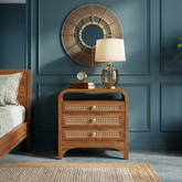 Aethel Teak Wood Cane Bedside Table | Mid-Century Nightstand – Oakvello