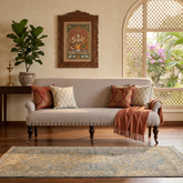 Carlton Nail Fabric Sofa | Grey Deep Seat | Brass Nailhead Trim, Scroll Arms & Ornate Turned Legs