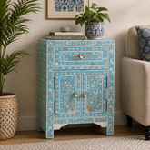 Blue Floral Mother of Pearl Bedside Table | 1 Drawer & 2 Door Bedroom Nightstand – Oakvello
