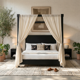 Veil Canopy Bed | Matte Black Four Poster Wooden Bed | Sheer Drape | King & Queen Size | Oakvello