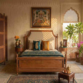 Heritage Arch Wooden Bed | Hand-Carved Solid Wood | Upholstered Headboard | King & Queen Size