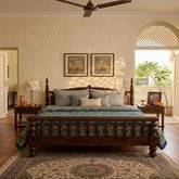 Colonna Wooden Bed | Sheesham Wood | Hand-Turned Spindle Posts & Carved Headboard | King & Queen Size | Oakvello