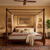 Colonial Cane Sheesham Wood Bed | Four Poster Canopy Bed with Cane Headboard | King & Queen Size | Oakvello