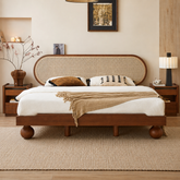 Pebble Rattan Bed | Mango Wood & Oval Cane Headboard Platform Bed | Oakvello