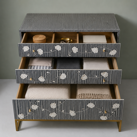 Jodhpuri Navy Blue Bone Inlay Chest of Drawers | Artisan Bedroom Dresser – Oakvello