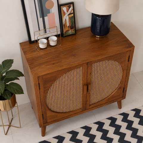 2-Door Mango Wood & Cane Cabinet | Boho Storage Sideboard – Oakvello