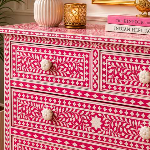 Bone Inlay Chest of Drawers | Handcrafted Artisan Bedroom Dresser – Oakvello