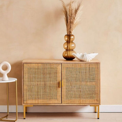 Rattan Webbed Solid Wood Sideboard | Boho Living Room Storage Cabinet – Oakvello