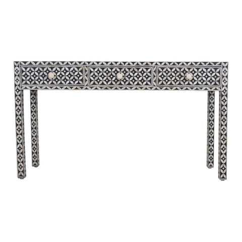 Black Geometric Bone Inlay Console Table | Handcrafted Artisan Entryway Furniture – Oakvello