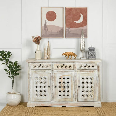 White Solid Sheesham Wood Sideboard | Painted Living Room Storage Cabinet – Oakvello