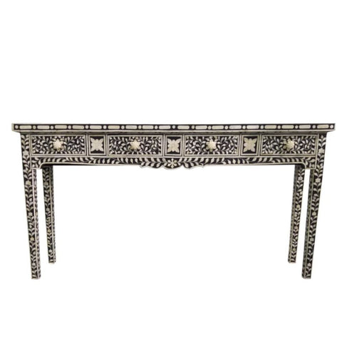 Black Floral Bone Inlay Console Table | Handcrafted Artisan Entryway Furniture – Oakvello