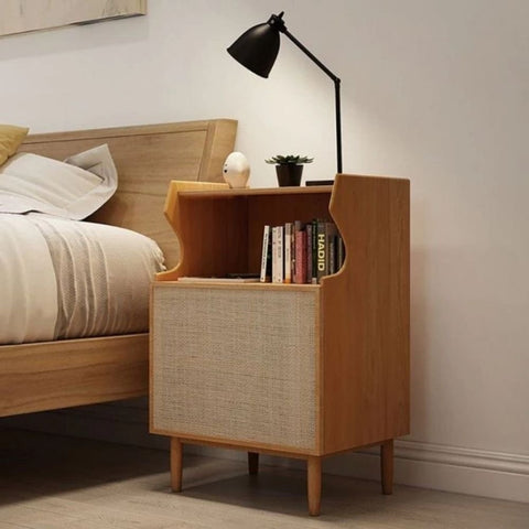 Natural Solid Wood & Cane Bedside Table | Boho Bedroom Nightstand – Oakvello