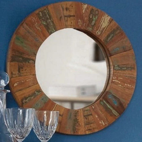 Large Reclaimed Boat Wood Round Mirror | Eco-Friendly Decorative Wall Mirror – Oakvello