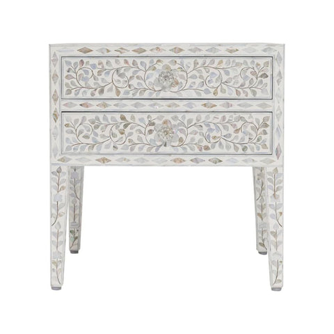 Floral Mother of Pearl 2-Drawer Bedside Table | Handcrafted Artisan Nightstand – Oakvello