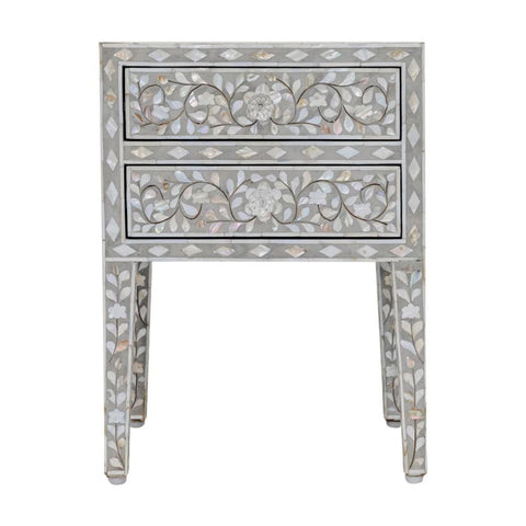 Jaipuri Floral Mother of Pearl 2-Drawer Bedside Table | Handcrafted Nightstand – Oakvello