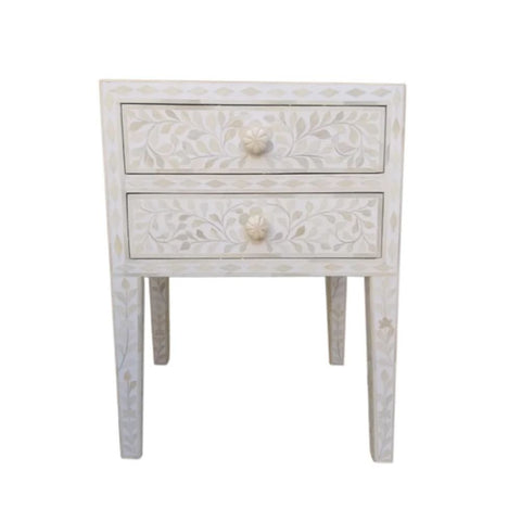 Jaipuri White Floral Bone Inlay 2-Drawer Bedside Table | Handcrafted Nightstand – Oakvello