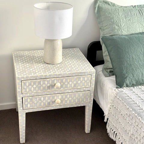 Jaipuri Grey Lattice Bone Inlay Bedside Table | Handcrafted Nightstand – Oakvello