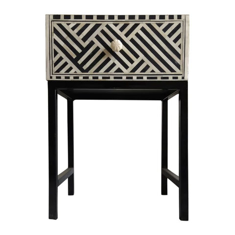Jaipuri Bone Inlay Bedside Table with Steel Legs | Handcrafted Nightstand – Oakvello